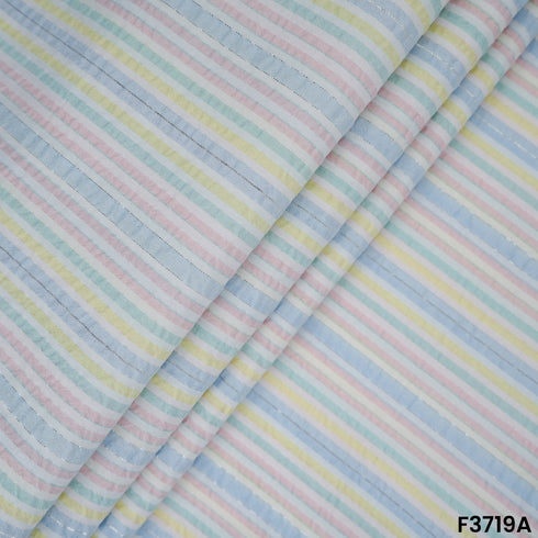 Strips Printed Lurex Seer Sakkar Cotton Fabric-3719